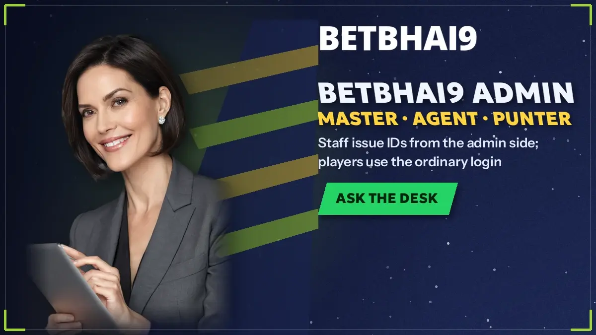 Staff member at a back office desk beside a separate sign-in door marked for Betbhai9 punters