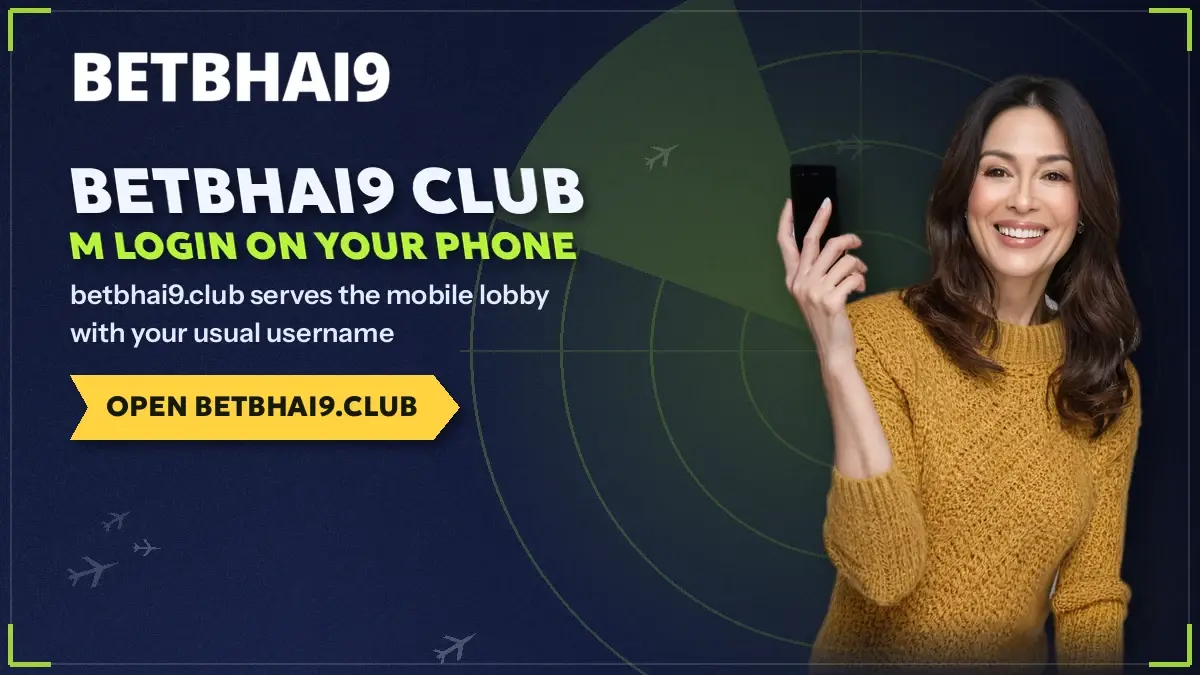 Player holding a phone that shows the slim betbhai9.club sign-in form with username and password boxes