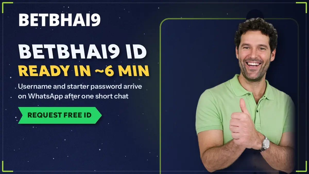 Smiling cricket fan holding a phone that shows a freshly issued Betbhai9 username and starter password