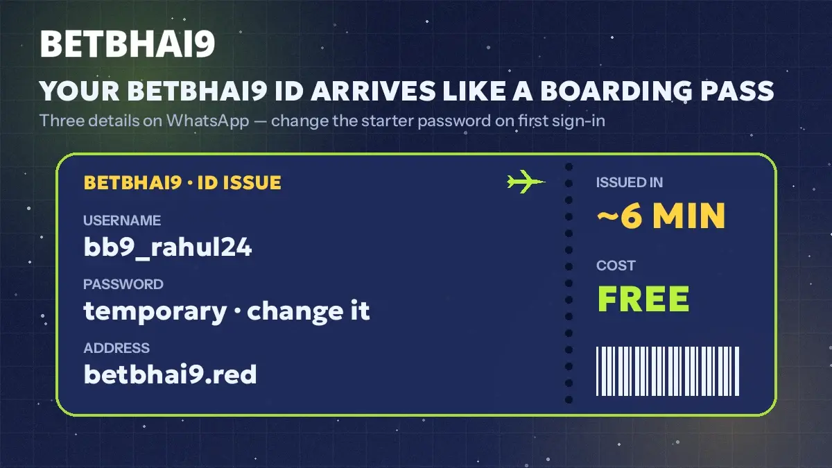 Boarding pass style card listing the username, starter password and address from a Betbhai9 ID reply