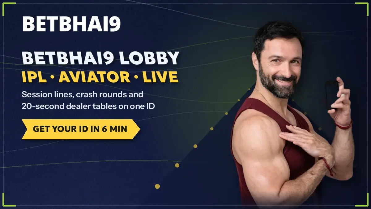 Betbhai9 lobby banner pairing a cricketer with a phone, IPL session lines and an Aviator flight path